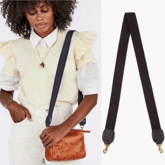 Clare V. Black Cotton Webbing Crossbody Strap Leather Trim Interchangeable Rings - Picture 1 of 7